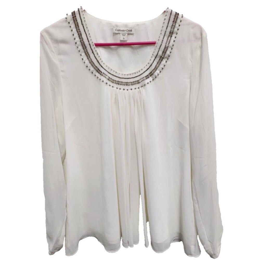 Coldwater Creek Womens Beaded‎ Poet Blouse Top Large White Long Sleeve Fairy